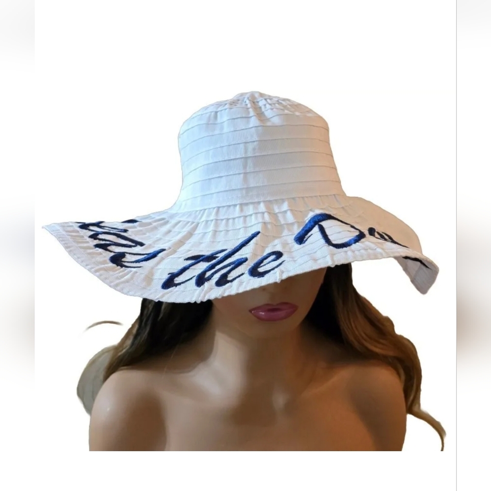 Seas the Day Sun Beach Hat  Sz OS. Wide Brim Floppy Beach White Navy Nautical - Picture 4 of 13